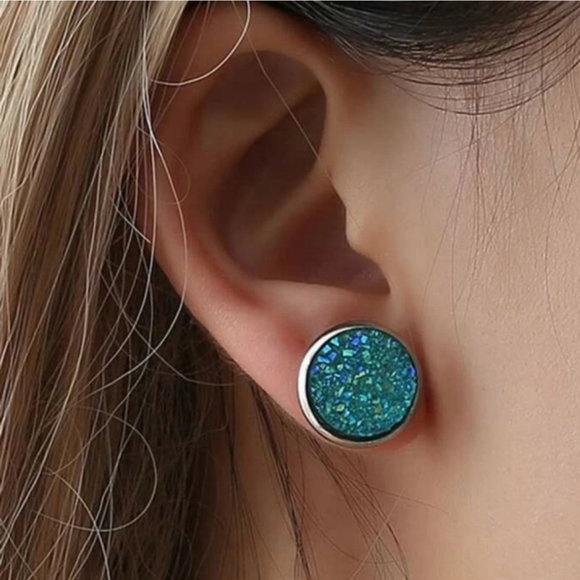 2 Pair Aqua/Blue Faux Druzy Stud Earrings - Picture 5 of 5